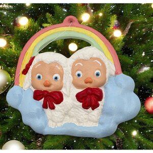 Vintage Baby Lambs Christmas Ornament Sitting Clouds Under Rainbow Hand Painted